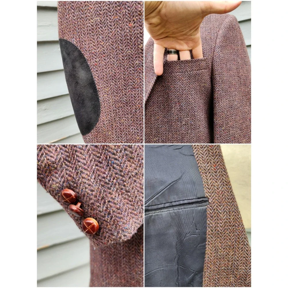 Vintage Foreman & Clark Blazer Purple‎ Brown Herringbone Tweed Elbow Patches Lg